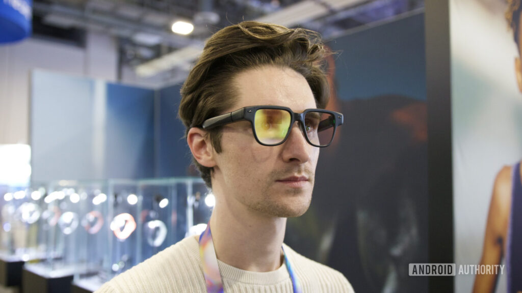 Someone wearing the Amazfit Helio smart glasses at CES 2026.
