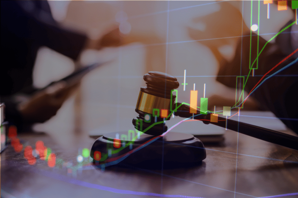 Lawsuits, insider trading claims – prediction market news live Judge's gavel overlaid with financial trading charts, symbolizing lawsuits, insider trading allegations, and regulatory developments in prediction markets.