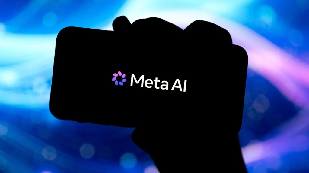 Meta AI logo on a smartphone in a black shadow with lights behind it