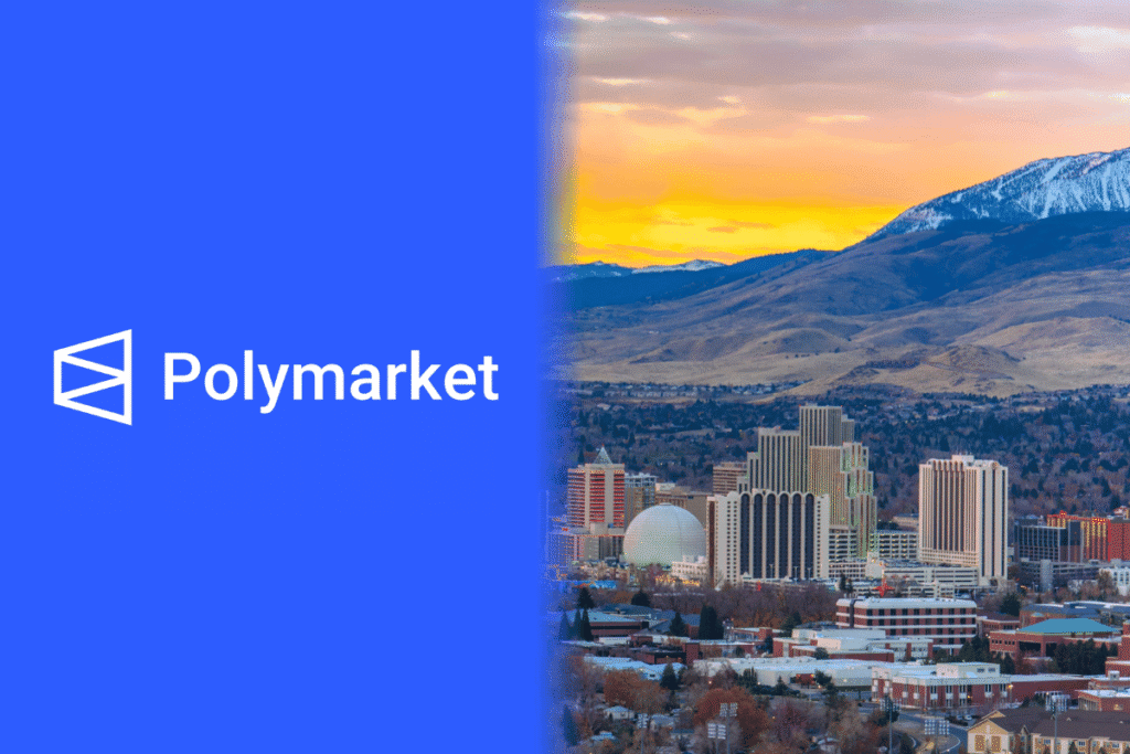 Nevada injunction ruling backs regulators against Polymarket Polymarket logo and Reno, Nevada cityscape representing the state's injunction and regulatory enforcement against prediction markets.