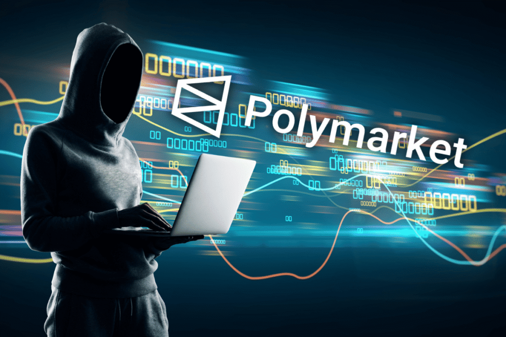 Polymarket faces phishing hack and marketing regulatory scrutiny Hooded hacker using a laptop beside the Polymarket logo, illustrating the Polymarket phishing attack, crypto security breach, and regulatory scrutiny facing the prediction market platform.