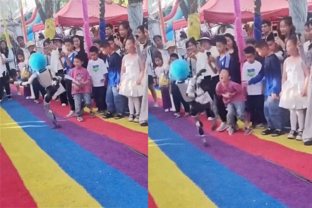 Robot in Clown Wig Roundhouse Kicks Small Child Robot in Clown Wig Roundhouse Kicks Small Child