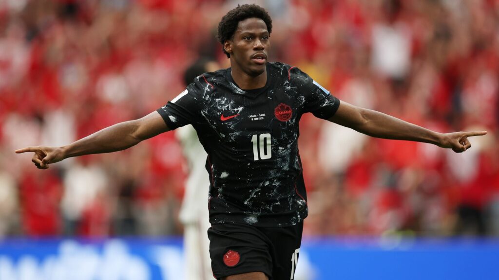 Jonathan David of Canada celebrates scoring his team's second goal during the FIFA World Cup 2026 Group B match between Canada and Qatar at BC Place Vancouver.