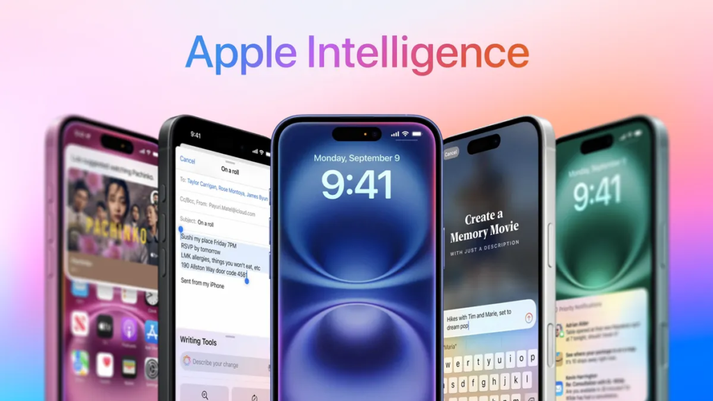 Five iPhones under a banner that says "Apple Intelligence"