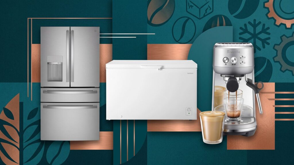 A selection of home appliances against a colorful background.