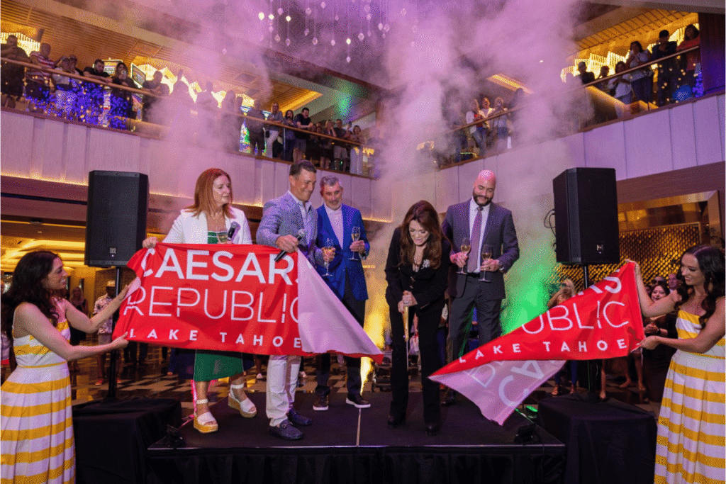 Caesars Republic Lake Tahoe officially opens after transformation Lisa Vanderpump cuts the ribbon at the Grand Opening of Caesars Republic Lake Tahoe with Karie Hall, Anthony Carano, Gary Carano and Stew Massie.