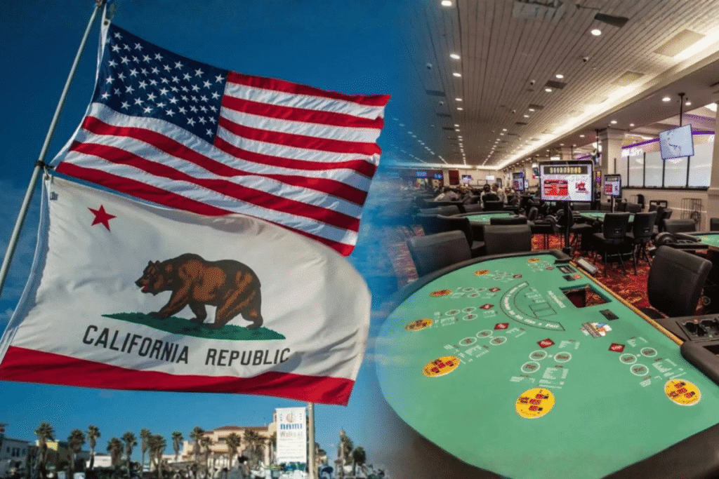 California judge rejects disputed cardroom gambling regulations California cardrooms sue to block new gambling rules threatening jobs. California Republic and United States flags flying beside a cardroom casino interior with a green blackjack-style gaming table and players seated in the background.