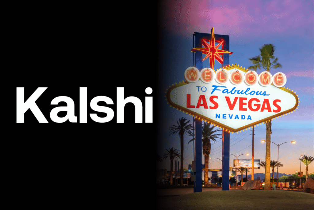 Nevada justices deny Kalshi injunction stay request appeal Federal judge denies Kalshi stay bid to pause Nevada gaming enforcement case. Kalshi logo on a black background beside the illuminated “Welcome to Fabulous Las Vegas Nevada” sign at dusk with palm trees and streetlights. Nevada ruling blocks Kalshi contracts amid dispute
