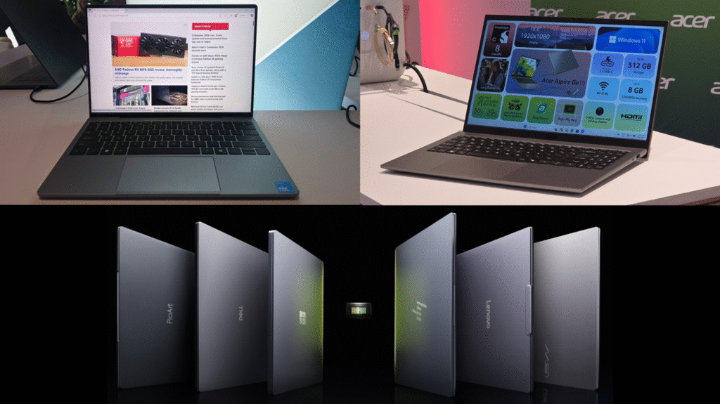 Two images of laptops at Computex, with a render of an array of them in the bottom half.