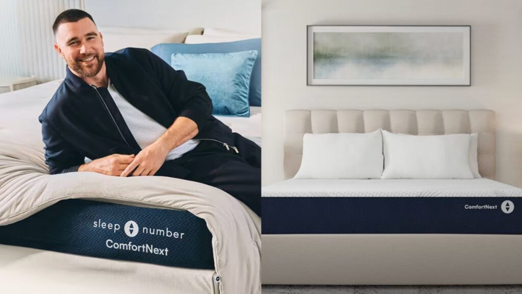 Left side shows Travis Kelce leaning over the edge of the Sleep Number ComfortNext Bed; right side shows a front-facing image of the ComfortNext bed on an upholstered bed frame